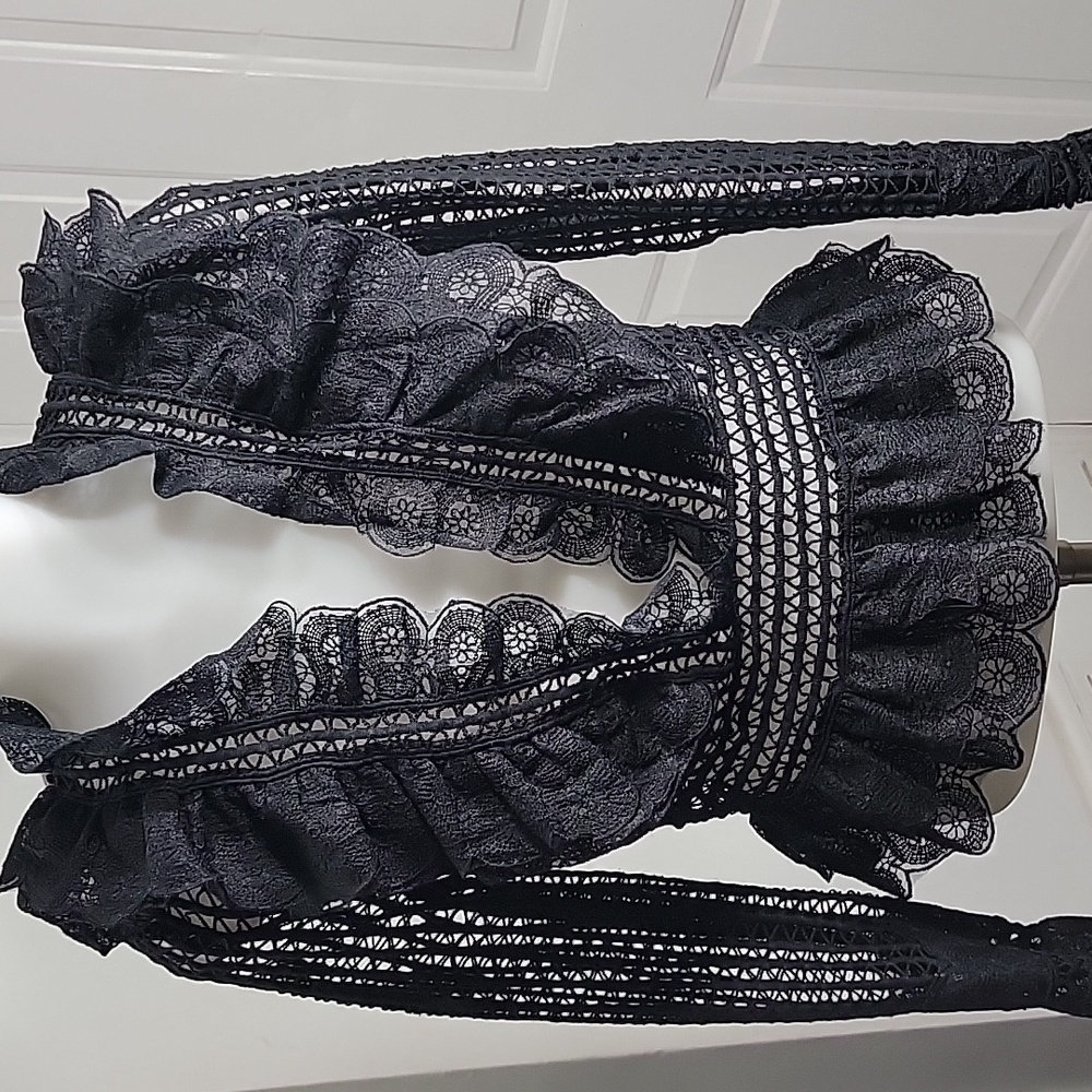 Agatha Top  Black Solid Lace Ruffle V Neck Blouse Whimsigoth Size small